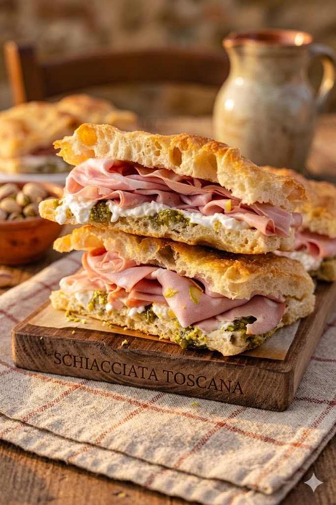 Mortadella and pistachio schiacciata sandwich